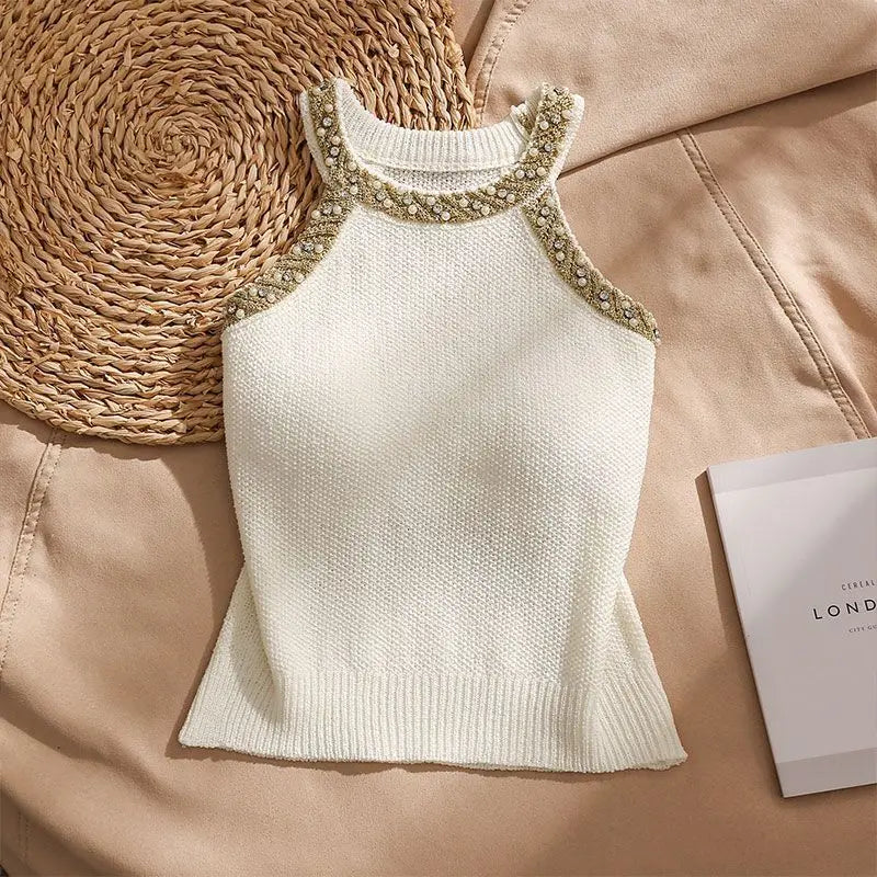 Fashionable Embroidered Flares  O-neck Sleeveless T-Shirts