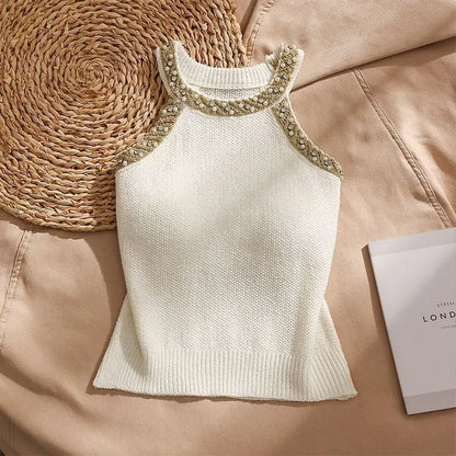 Fashionable Embroidered Flares  O-neck Sleeveless T-Shirts