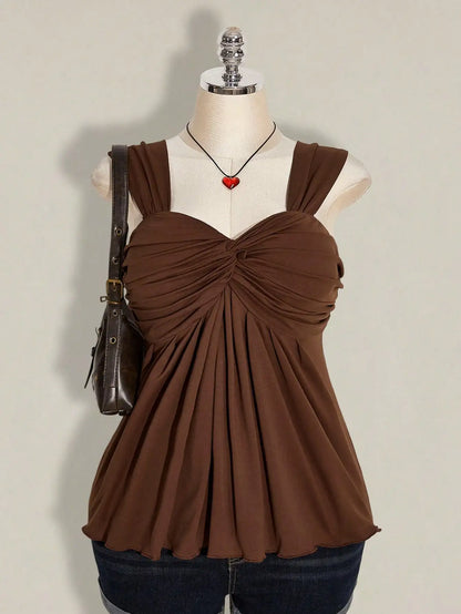 Wine Red Twist Front Sleeveless Babydoll Top,