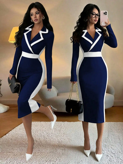 Black & White Contrast Blazer Collar Bodycon Dress,
