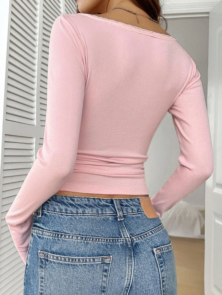Lace Button Tops  Long Sleeve T-shirts