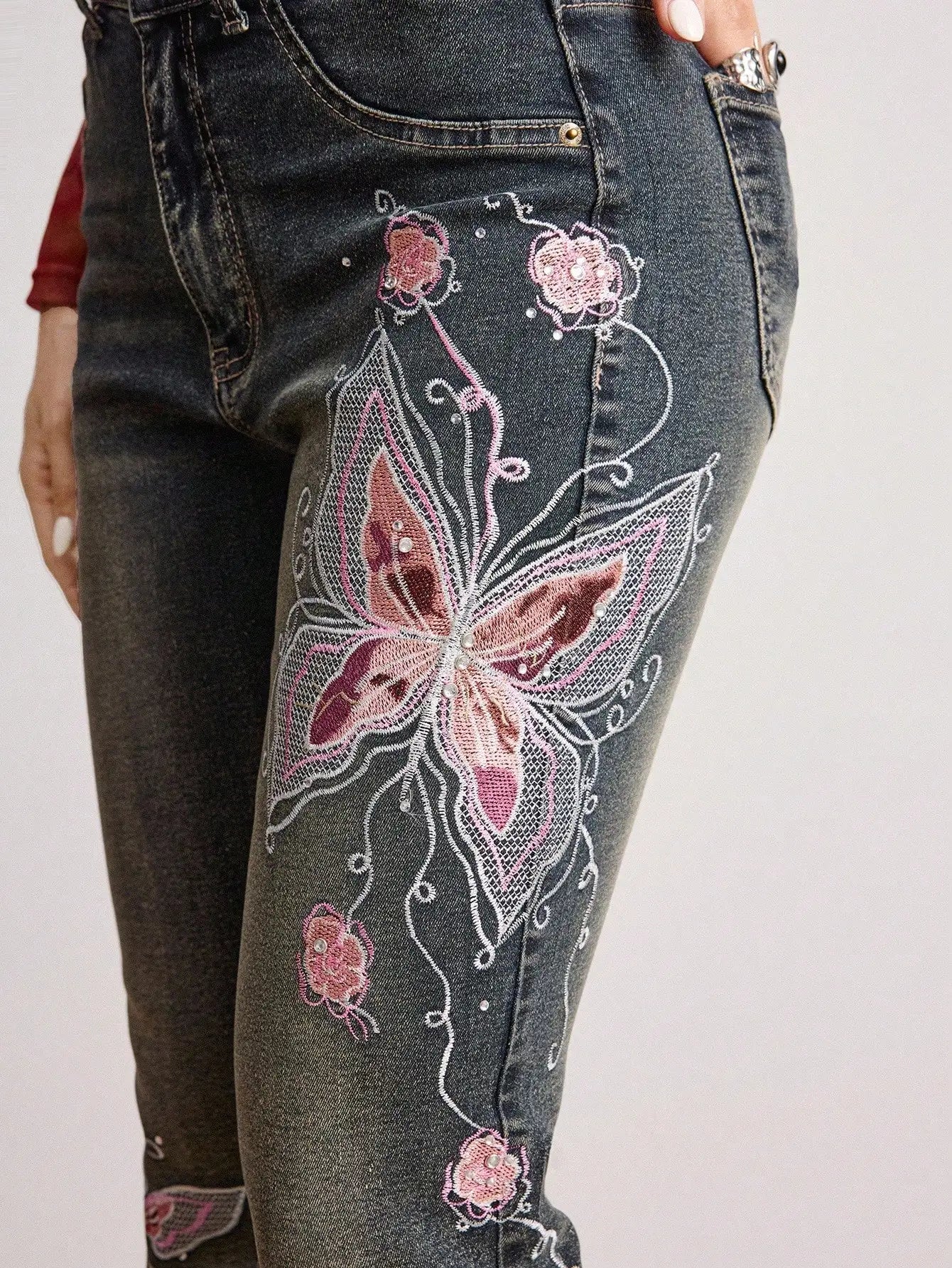 Butterfly Embroidered High Waist Flare Jeans