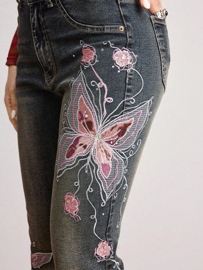 Butterfly Embroidered High Waist Flare Jeans
