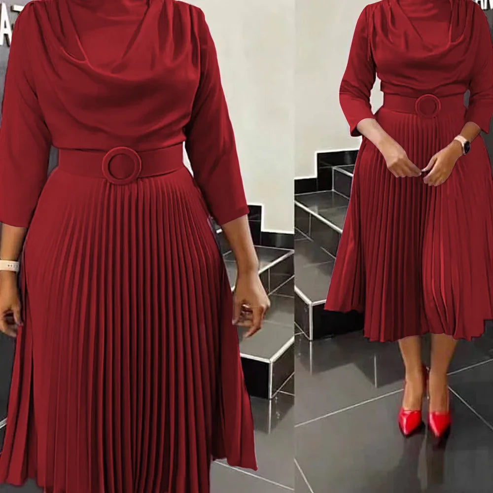 Fashionable Pure Color Pleated Midi Dress