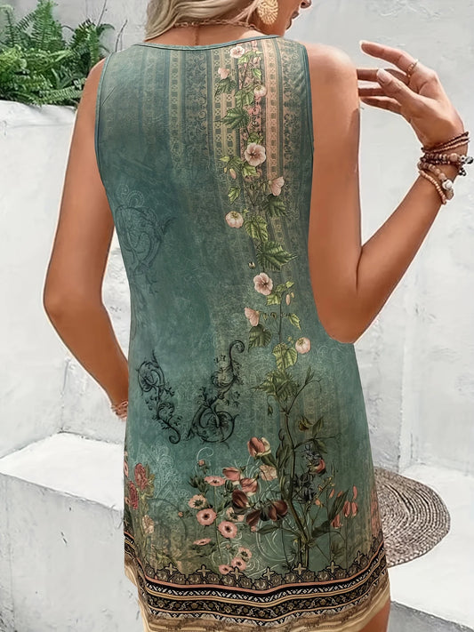 Large size button printed sleeveless casual dress