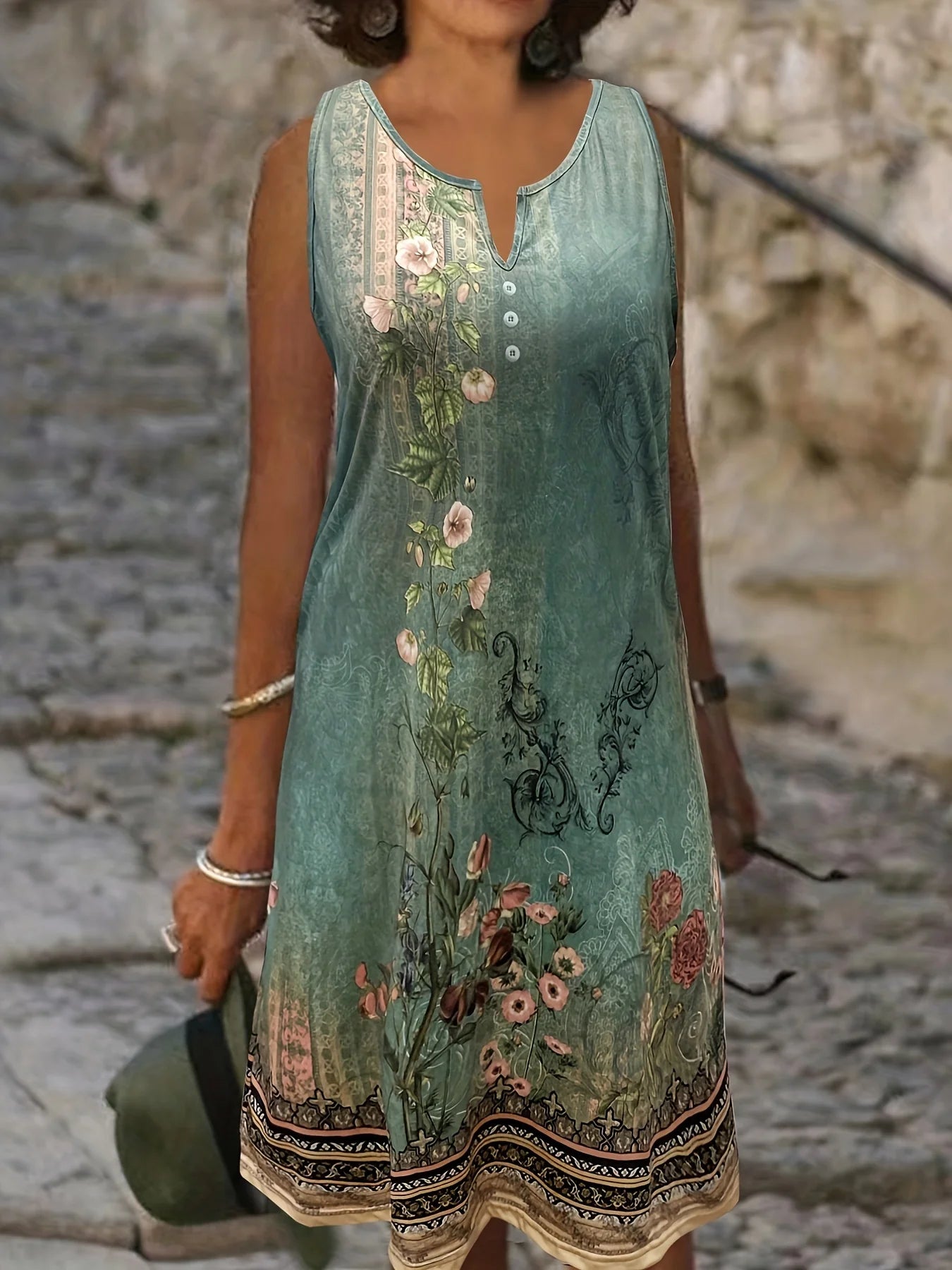 Large size button printed sleeveless casual dress