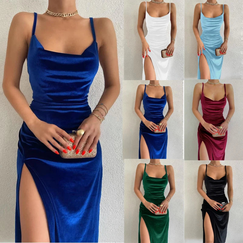 Velvet Swing Collar Sleeveless Slip Dress.