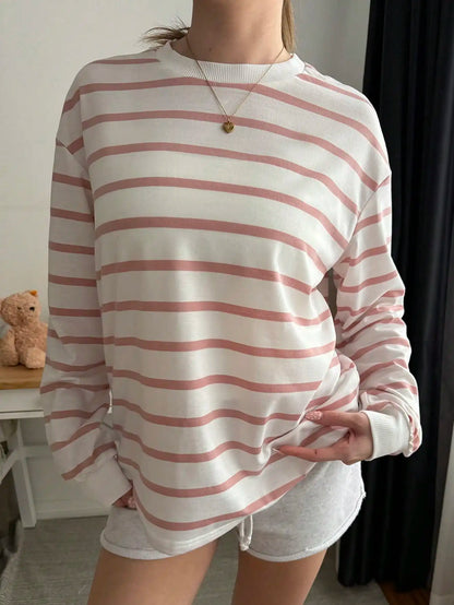 Women's White Black Striped Long Sleeve Sweater