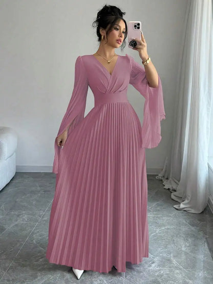 V-Neck Pleated Maxi Dress