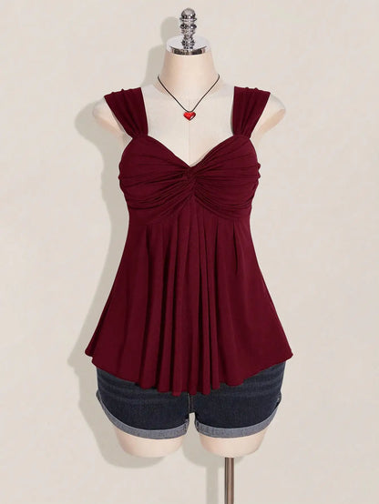 Wine Red Twist Front Sleeveless Babydoll Top,