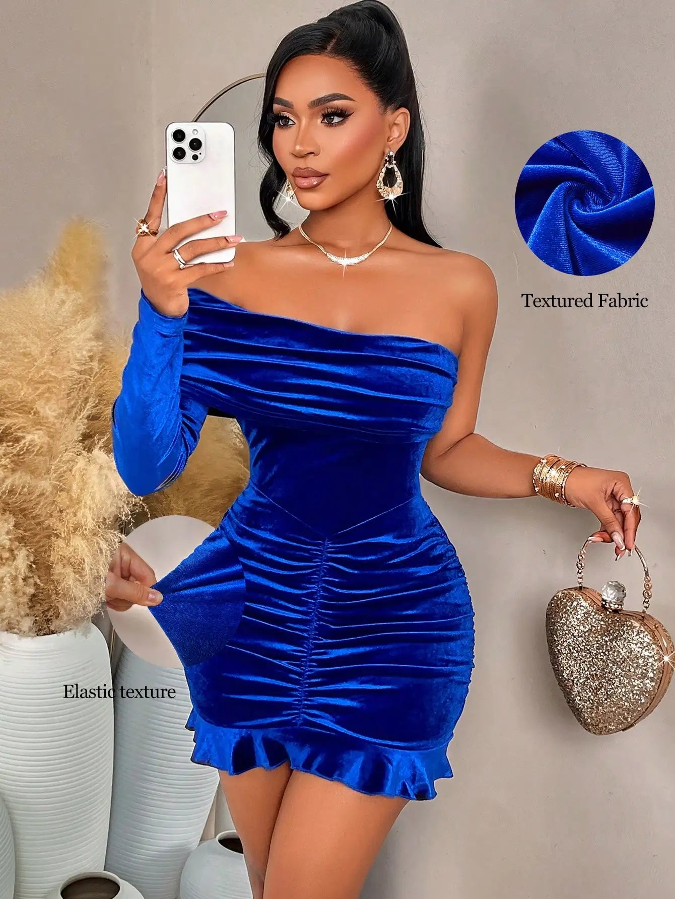 Royal Velvet Off-Shoulder Long Sleeve Mini Dress