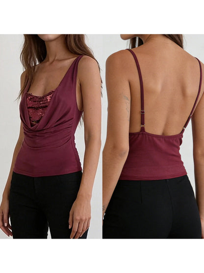 Women s Sleeveless Sequin Embellished Cowl Neck Tank