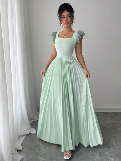 Elegant Mint Green Square Neck Maxi Dress