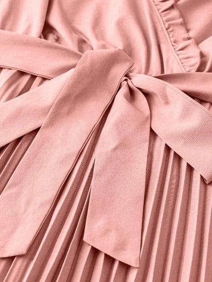 V-Neck Wrap Tie-Waist Pleated Maxi Dress