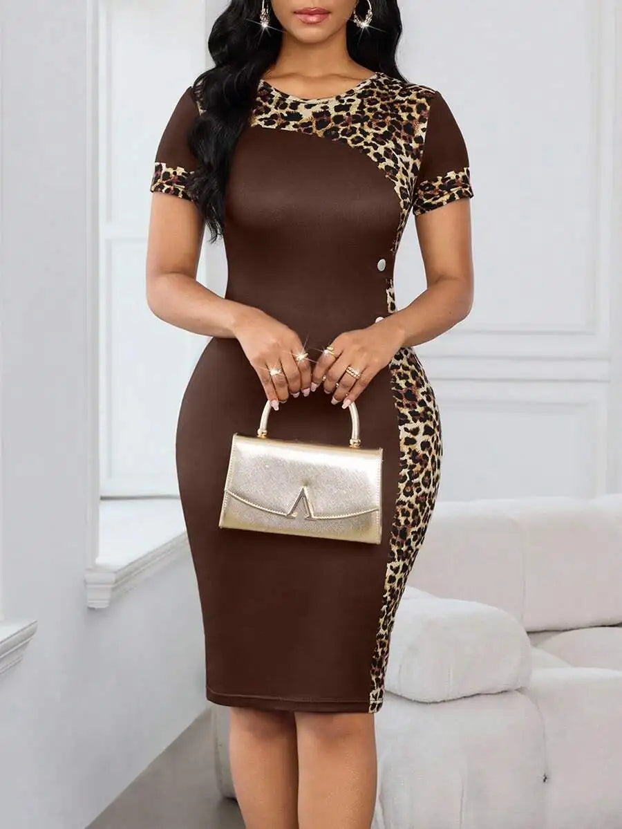 Brown & Leopard Print Fitted Midi Dress