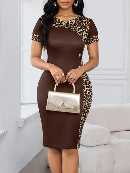 Brown & Leopard Print Fitted Midi Dress