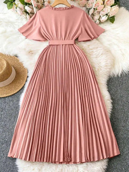 V-Neck Wrap Tie-Waist Pleated Maxi Dress