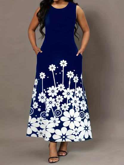 Black and White Floral Print Sleeveless Long Dress