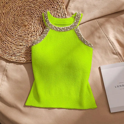 Fashionable Embroidered Flares  O-neck Sleeveless T-Shirts