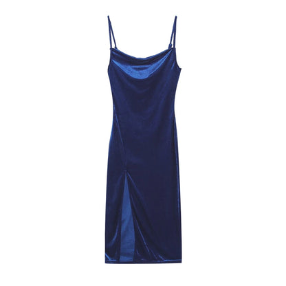 Velvet Swing Collar Sleeveless Slip Dress.