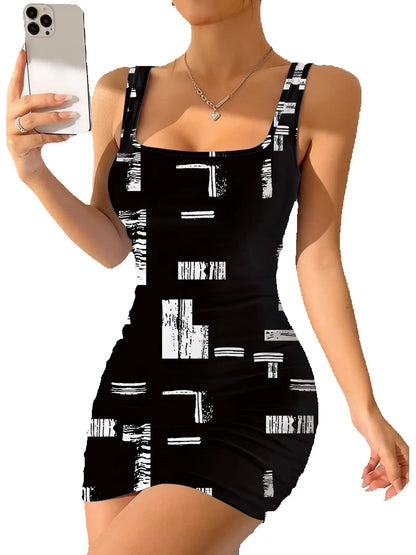 Geometric Print Round Neck Sleeveless Camisole Dress