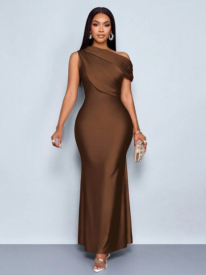 Elegant Satin One-Shoulder Fishtail Maxi Dress