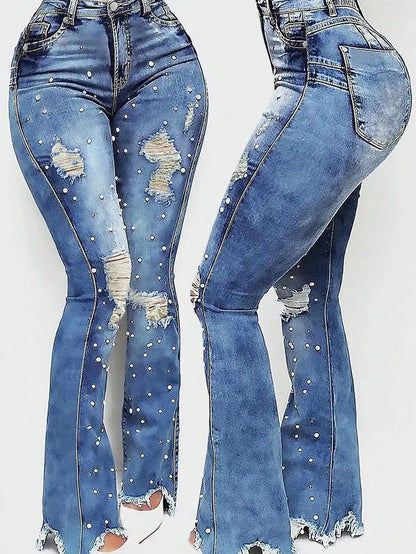 High Waisted Ripped Flared Jeans