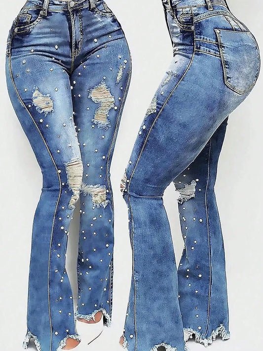 High Waisted Ripped Flared Jeans