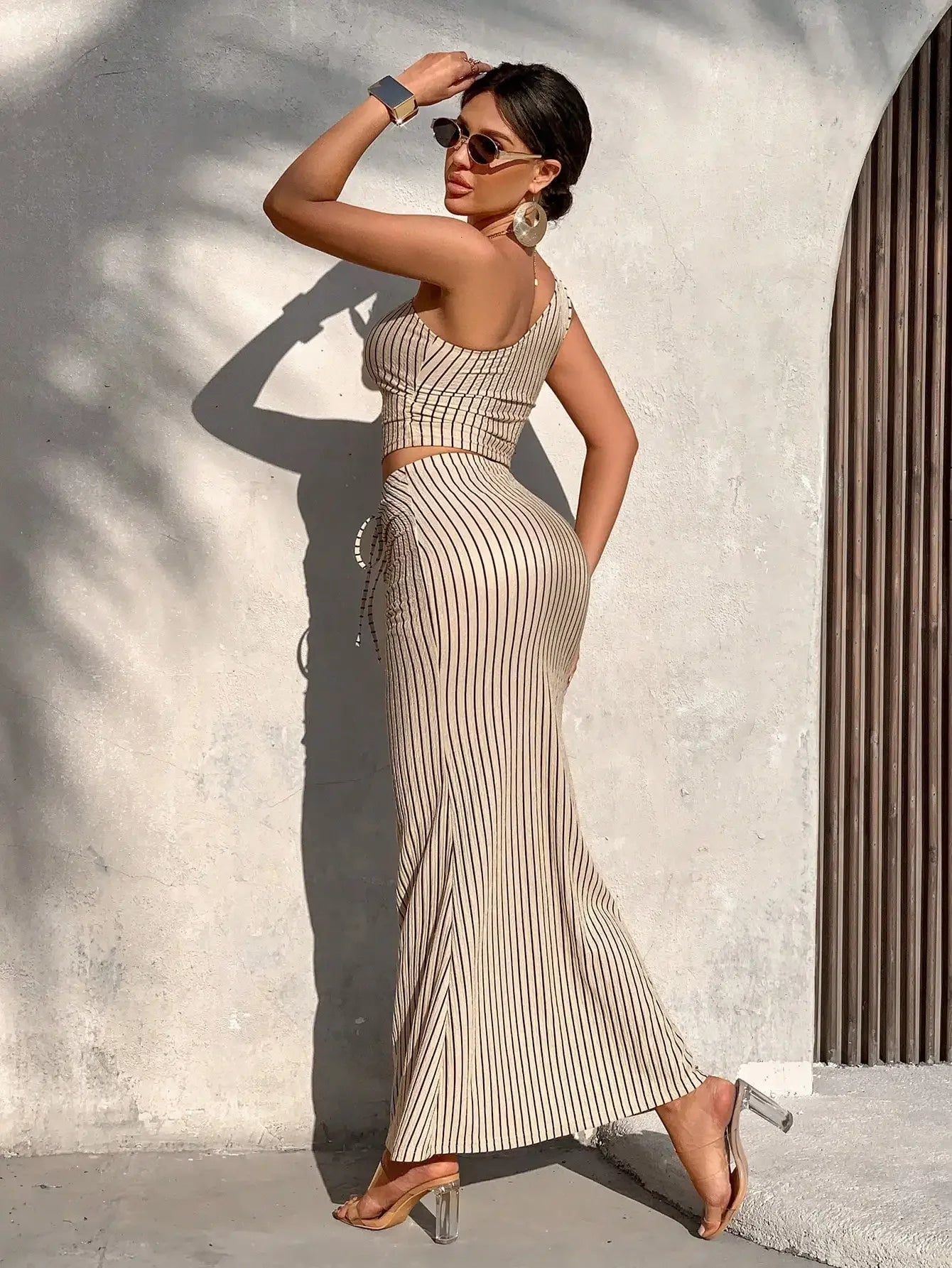 Casual Stripe Shoulder Pleated Two-Piece Set