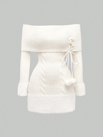 Kawaii Off Shoulder Fuzzy Sweater Dress
