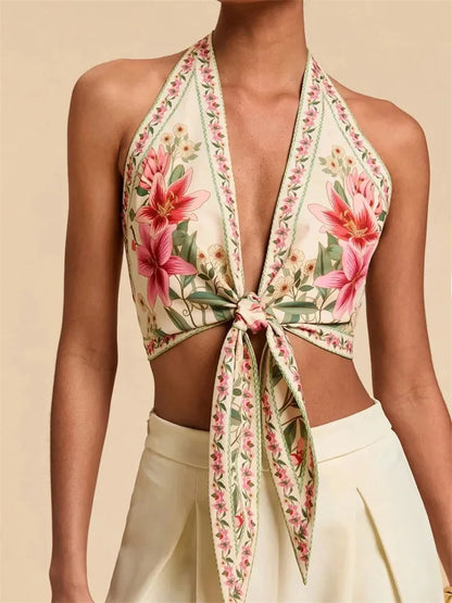 Sleeveless Sexy Knot Front Halter Crop Top