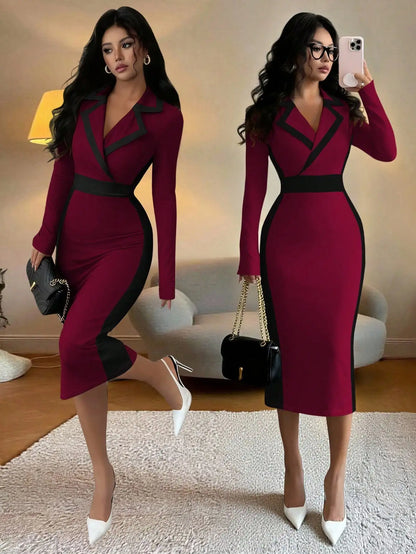 Black & White Contrast Blazer Collar Bodycon Dress,