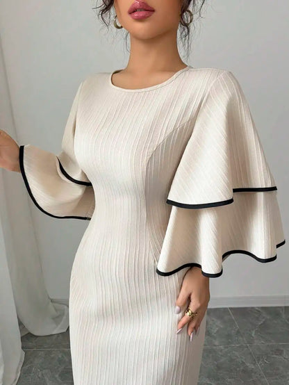 Cream Ribbed Midi Dress