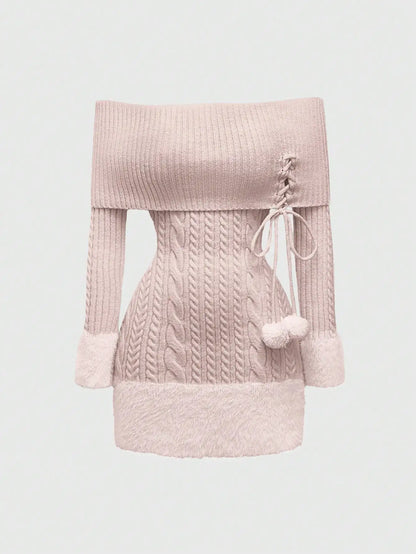Kawaii Off Shoulder Fuzzy Sweater Dress