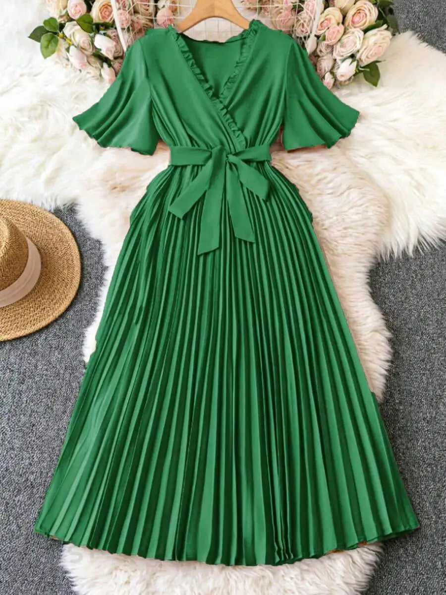 V-Neck Wrap Tie-Waist Pleated Maxi Dress