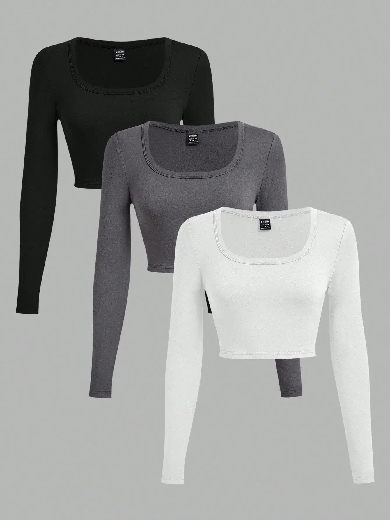 3-Pack Women's U-Neck Cropped Long Sleeve T-Shirts,