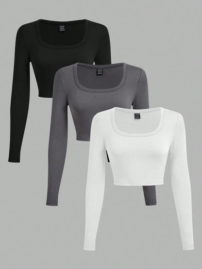 3-Pack Women's U-Neck Cropped Long Sleeve T-Shirts,