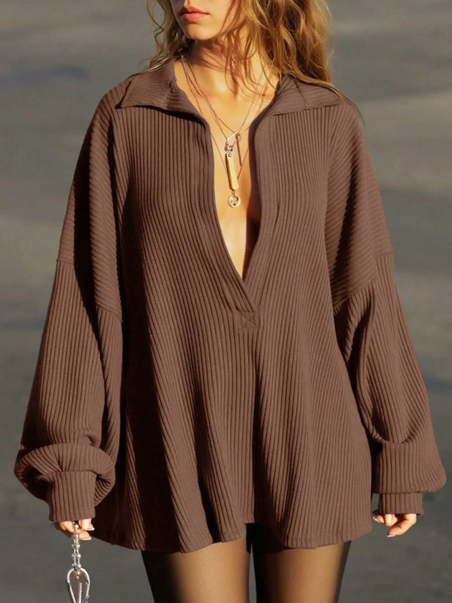Deep V-Neck Knit Top Oversized Long Sleeve