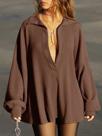 Deep V-Neck Knit Top Oversized Long Sleeve