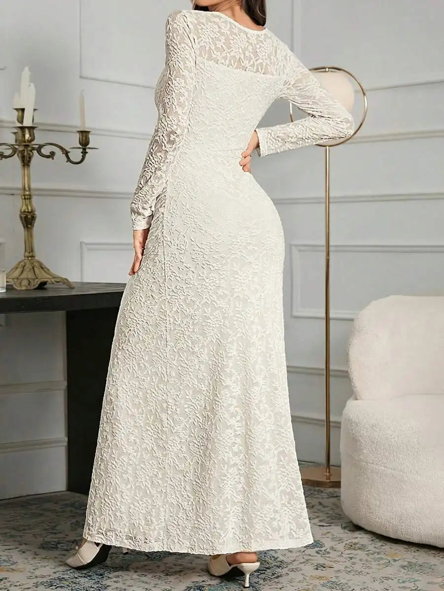 Elegant Ivory Lace Long Sleeve Dress