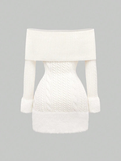 Kawaii Off Shoulder Fuzzy Sweater Dress