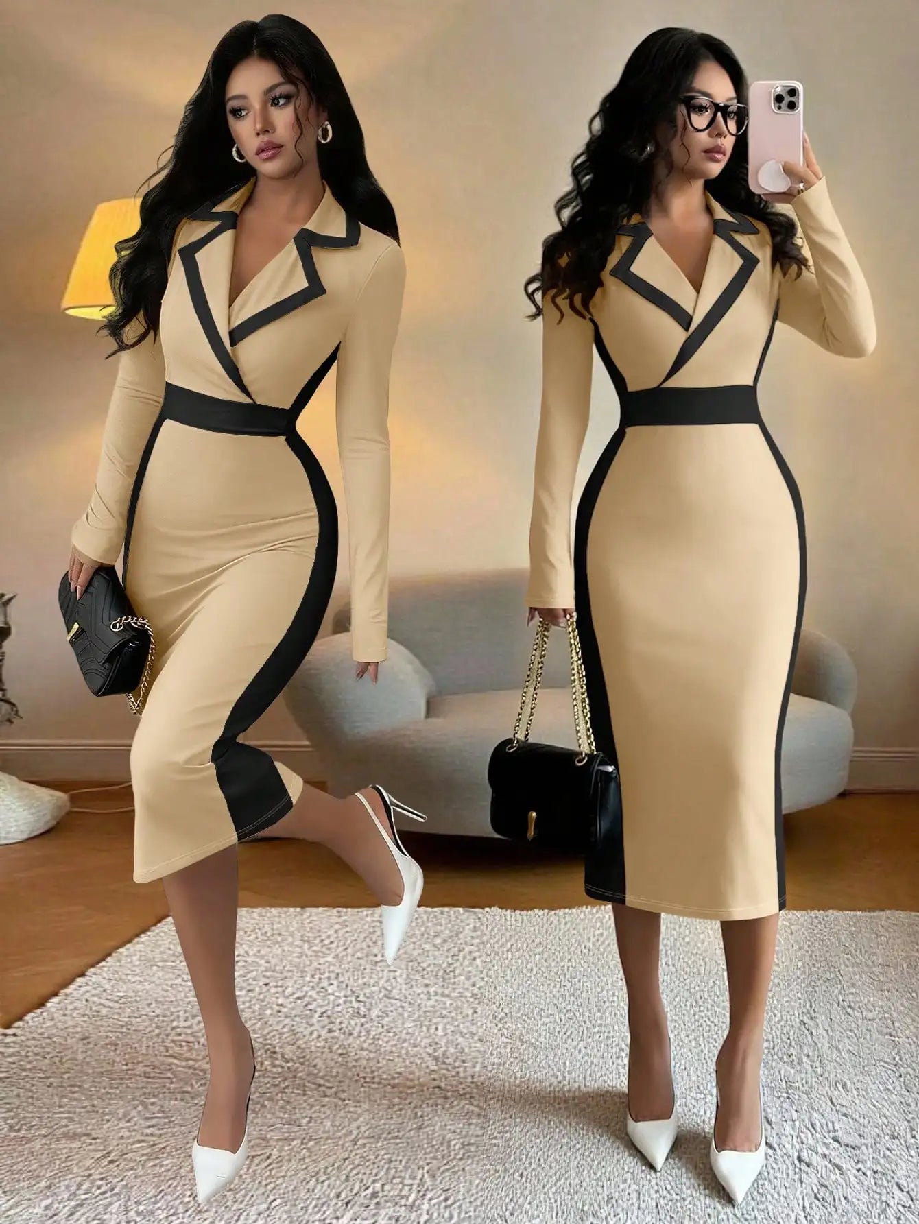 Black & White Contrast Blazer Collar Bodycon Dress,