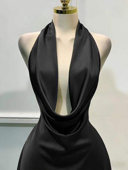 Elegant Satin, Open Back Fitted Midi Dress,