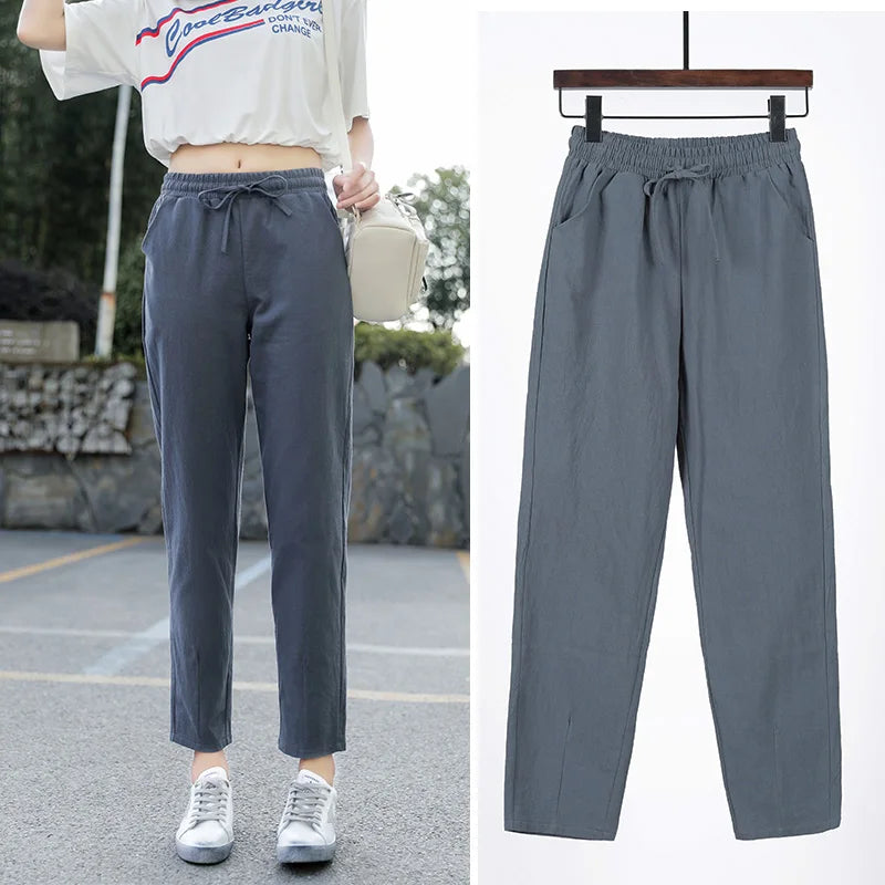 Cotton Linen Solid Elastic Waist Pants