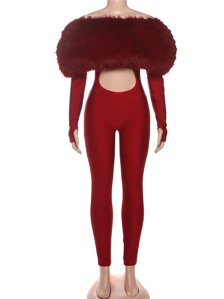 Furry Slash Neck Jumpsuits Luxury Hipster Patchwork