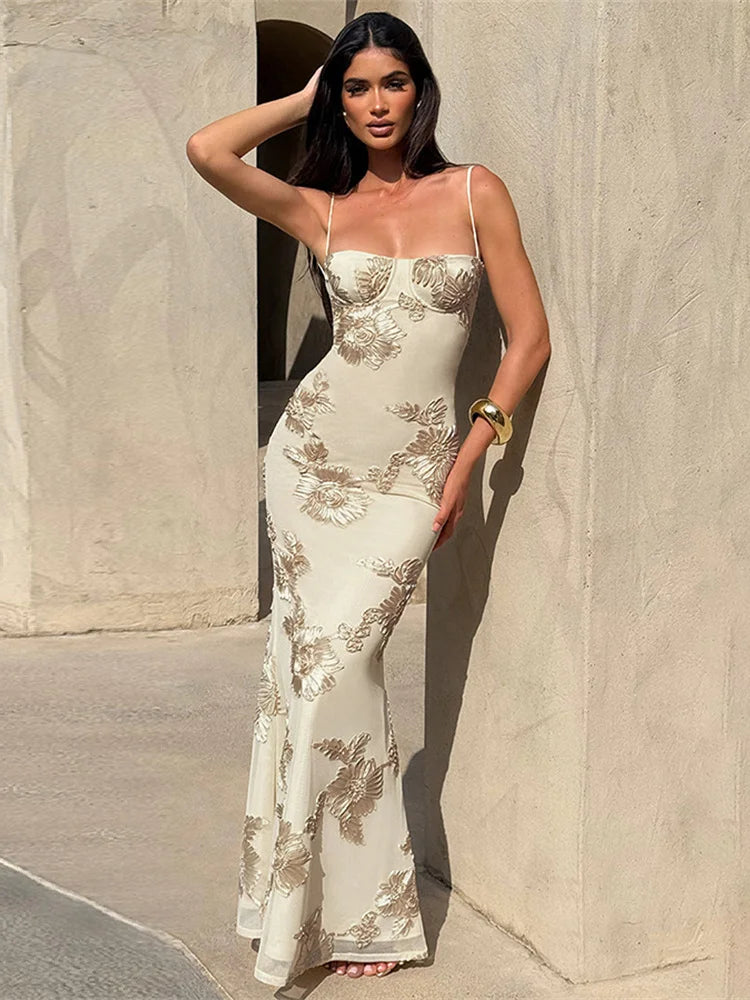 Elegant Flower Embroidery Maxi Dress