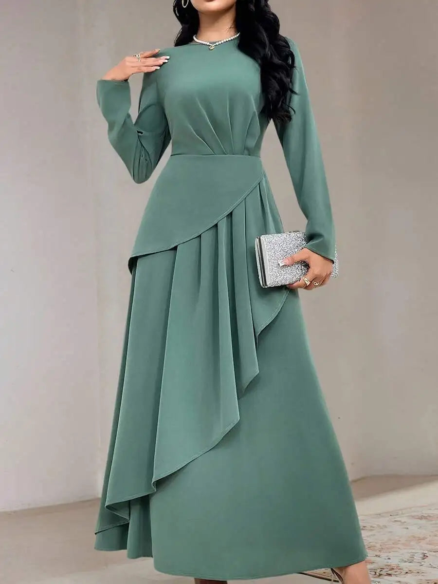 Sage Green Round Neck Long Sleeve Dress