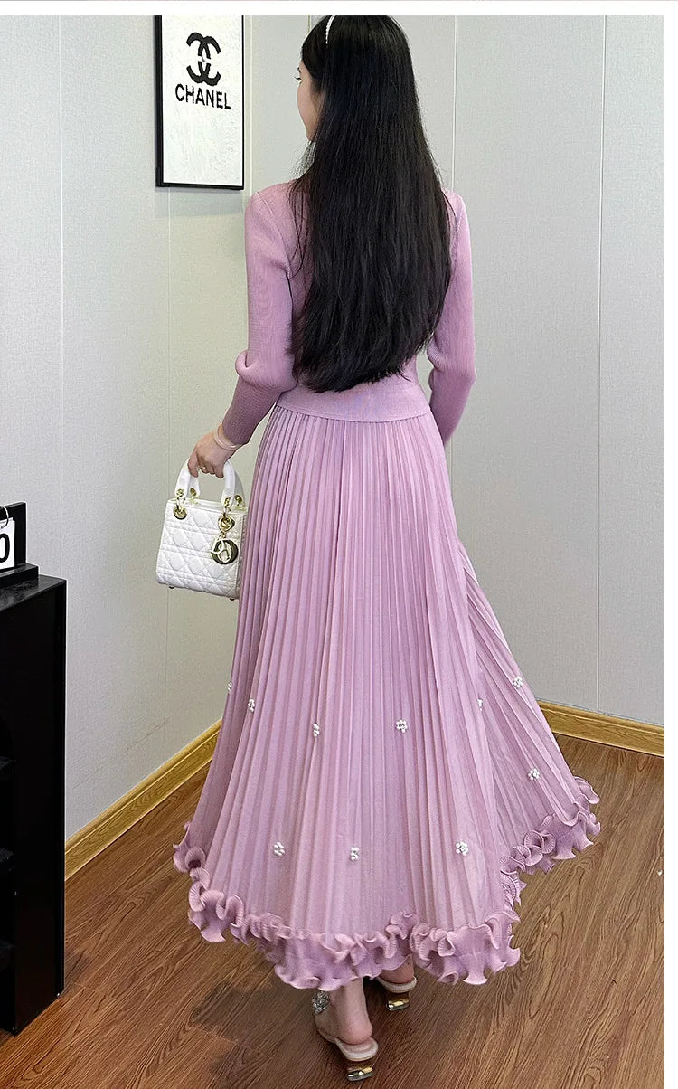 Pleated Long Dress Double Breasted