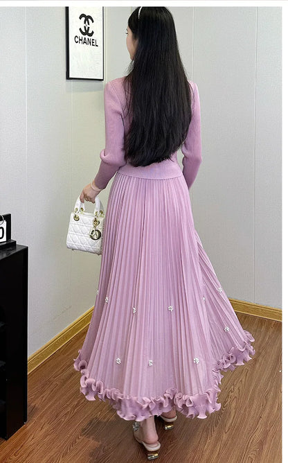 Pleated Long Dress Double Breasted