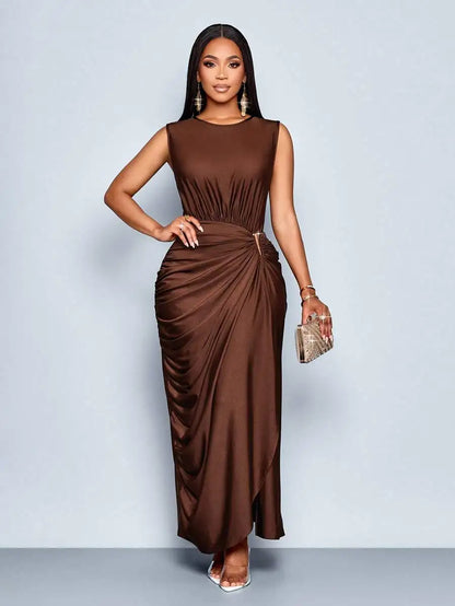 Women's Satin Solid Ruched Waist Sleeveless Maxi Dress